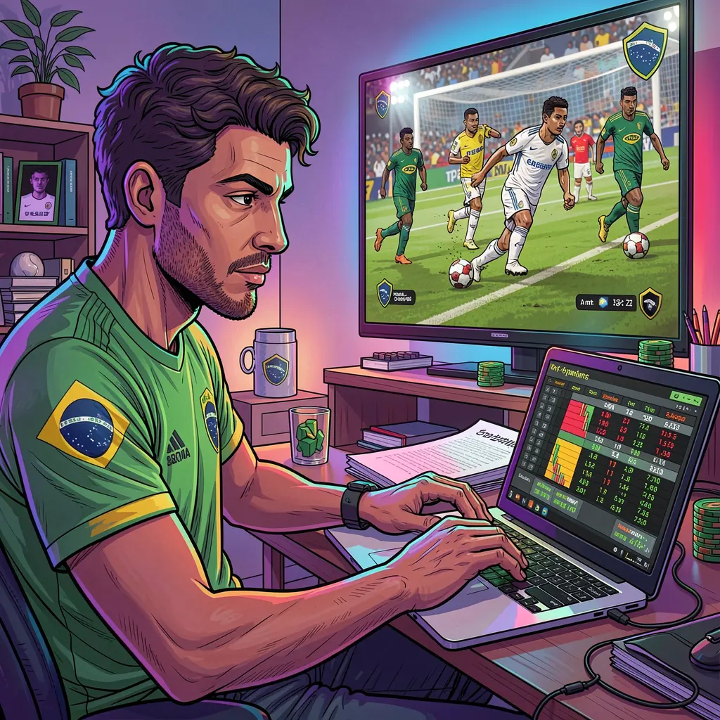 Focused Brazilian sports bettor using a laptop to place live soccer bets with real time odds on 281BET while watching a match on TV