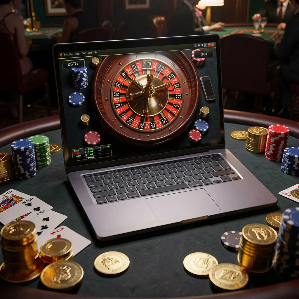 Luxury online roulette experience on a laptop with scattered casino chips and cards symbolizing high stakes gaming and big win opportunities at 281BET Brazil