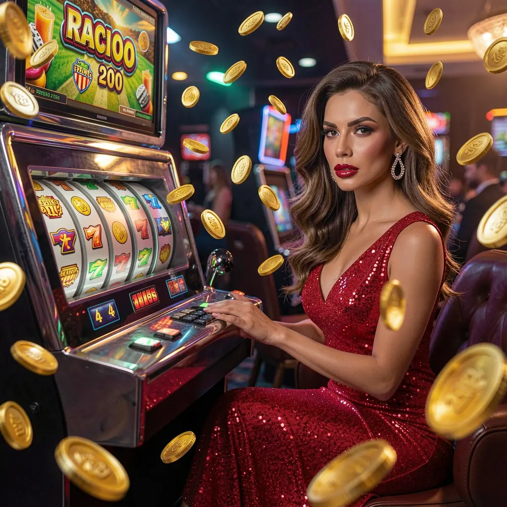 Confident woman in a red dress surrounded by golden coins as she plays premium slot games at 281BET, reflecting the excitement and rewards of casino gaming in Brazil